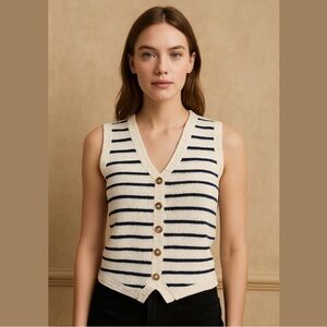 Sincerely Jules Stripped Cotton Blend Knitted Fron buttons Vest Cream Black M
